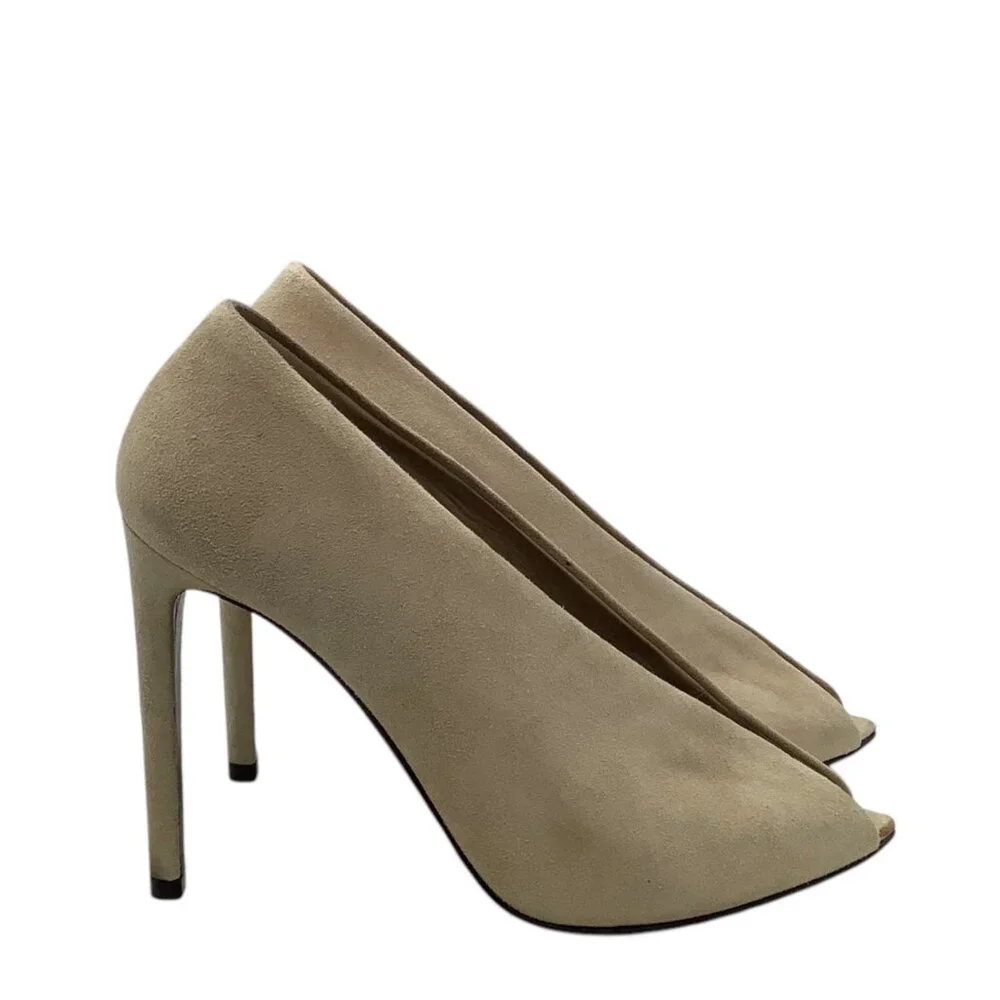 BALENCIAGA Split Vamp Stiletto Pumps 36 6 Booties Peep Toe Suede Neutral Beige